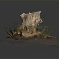 Natural Wooden Tree Stump Decor With Rocky Ground And Green Grass