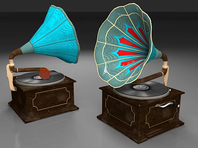 Vintage Gramophones as Musical Instruments with Decorative Wooden Base and Colorful Horns 3d model