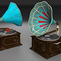 Vintage Gramophones as Musical Instruments with Decorative Wooden Base and Colorful Horns
