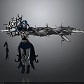 Dark Fantasy Character With Blue Hair Skeleton Face Black Outfit And Large Mechanical Structure