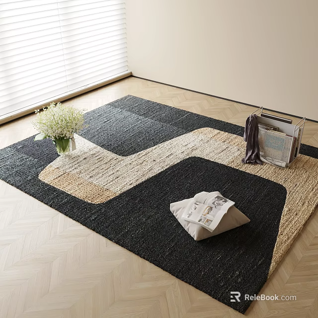 Square Area Rug Featuring Dark Beige Geometric Design with White Flower Vase and Stacked Newspapers 3d model 