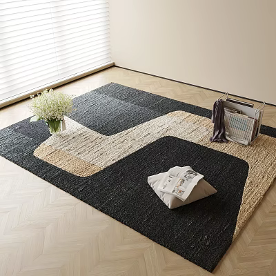 Square Area Rug Featuring Dark Beige Geometric Design with White Flower Vase and Stacked Newspapers 3d model