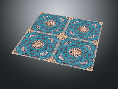 Square Carpet With Intricate Geometric Design Central Floral Patterns Blue Background And Golden Edges 3d model