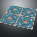 Square Carpet With Intricate Geometric Design Central Floral Patterns Blue Background And Golden Edges