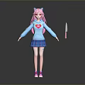 Game Character With Pink Hair Cat Ears Blue Sweater Red Heart And Pink Knife