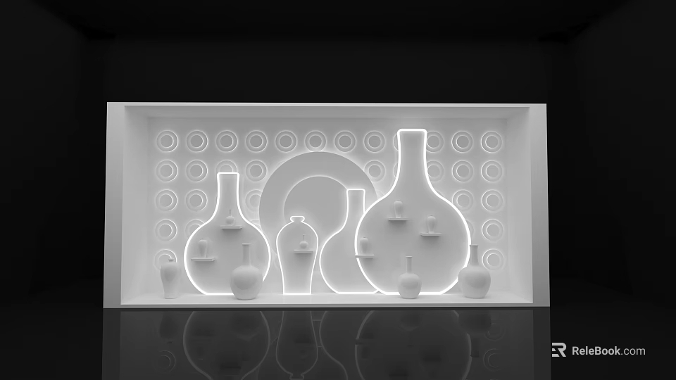 Minimalist Modern Photo Spot with White Vases Concentric Circles Background Illuminated Lines Reflective Floor 3d model 