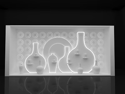Minimalist Modern Photo Spot with White Vases Concentric Circles Background Illuminated Lines Reflective Floor 3d model