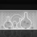 Minimalist Modern Photo Spot with White Vases Concentric Circles Background Illuminated Lines Reflective Floor