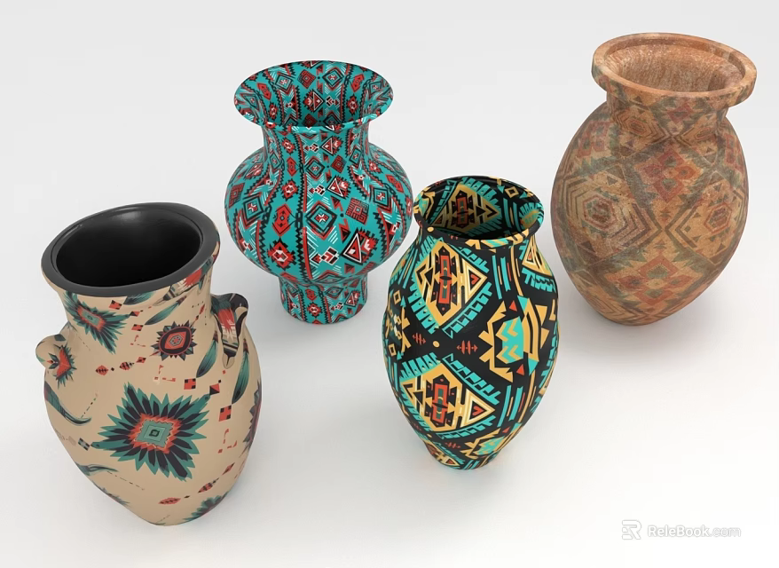 Decorative Vases With Floral Patterns And Colorful Artistic Designs For Home 3d model 