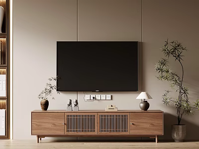 Modern Living Room TV Wall With Wooden Stand Decorative Plants And Beige Background 3d model