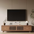Modern Living Room TV Wall With Wooden Stand Decorative Plants And Beige Background