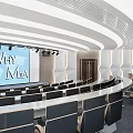 Modern Conference Room With Curved Seating Large Projection Screen And Podium
