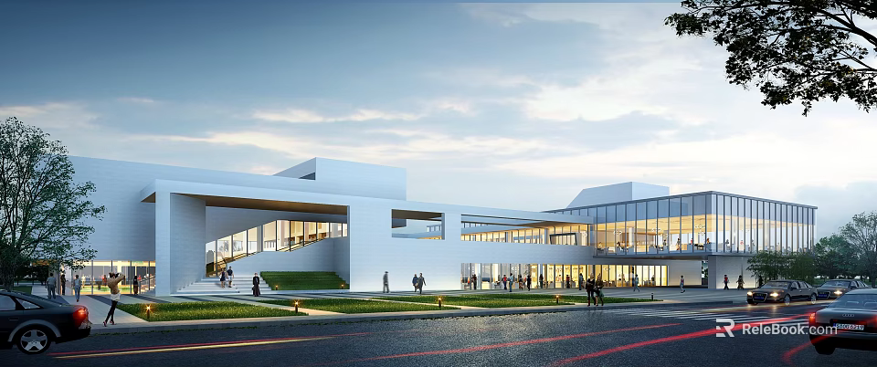 Modern Public Building With White Exterior Large Glass Windows Lawn Area People Gathering Cloudy Sky 3d model 