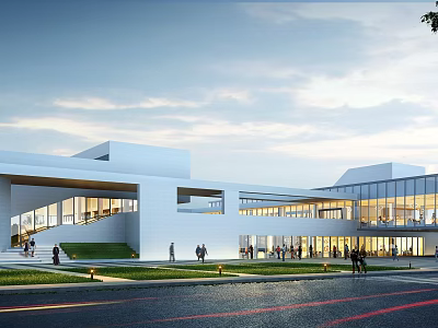 Modern Public Building With White Exterior Large Glass Windows Lawn Area People Gathering Cloudy Sky 3d model