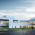Modern Public Building With White Exterior Large Glass Windows Lawn Area People Gathering Cloudy Sky