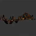 Fantasy Cave Scene with Rock Formations Blue Glowing Lights Green Fabric Ladders and Wooden Barrels