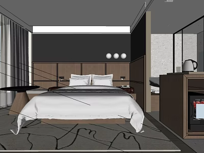 Modern Hotel Room Interior With King Bed White Linens Wooden Headboard And Round Lights 3d model