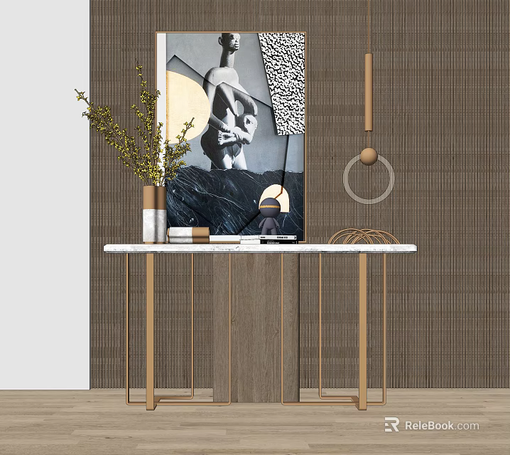 Modern Console Table with Marble Top Decorative Artwork and Green Plants 3d model 