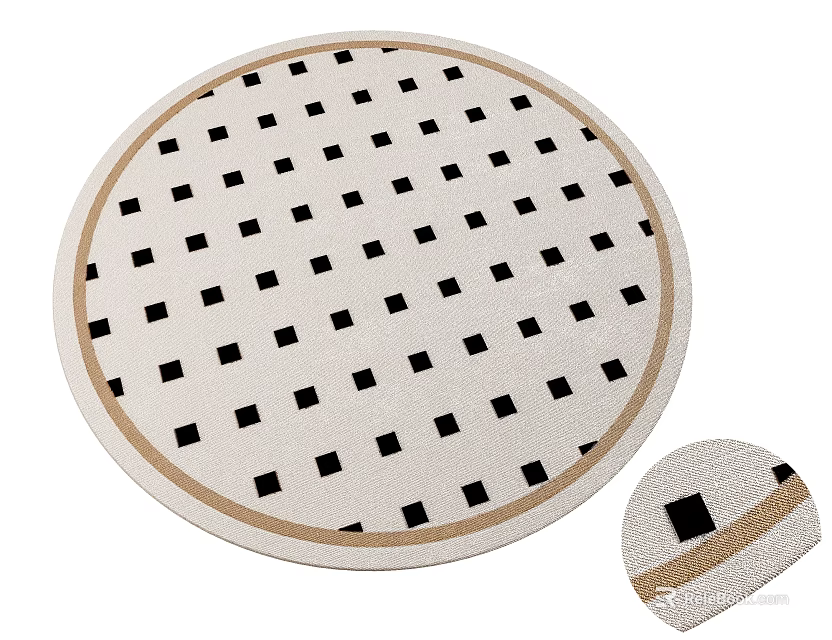 Modern Round Rug With White Background And Black Square Patterns Brown Border 3d model 