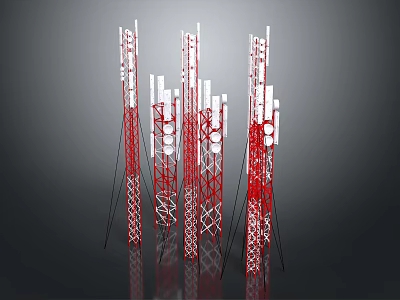Red And White Communication Tower Structures With Steel Frames And Antenna Equipment 3d model