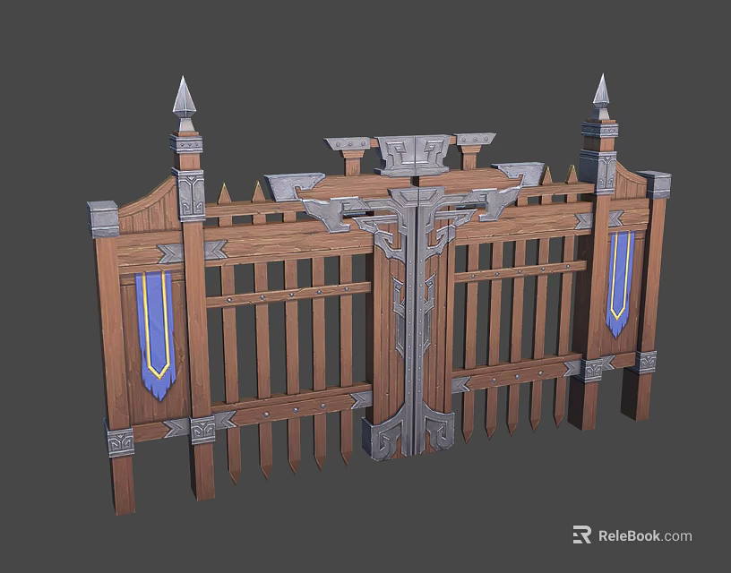 Ornate Wooden Gate Design With Spiked Tops Metal Decorations And Blue Banners 3d model 