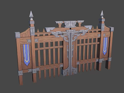 Ornate Wooden Gate Design With Spiked Tops Metal Decorations And Blue Banners 3d model