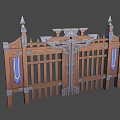 Ornate Wooden Gate Design With Spiked Tops Metal Decorations And Blue Banners