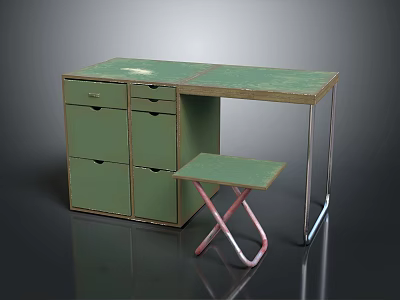 Functional Green Desk with Multiple Drawers Folding Stool and Metal Frame Design 3d model
