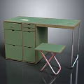 Functional Green Desk with Multiple Drawers Folding Stool and Metal Frame Design