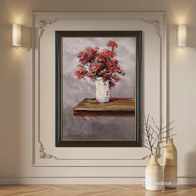 Oil Painting of Red Flowers in White Vase on Wooden Table with Decorative Wall 3d model 