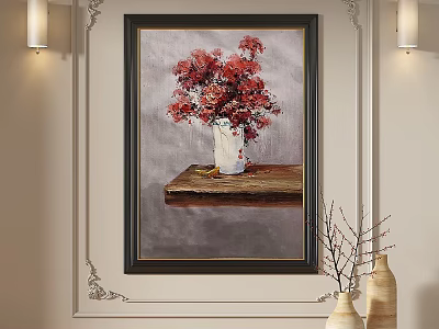 Oil Painting of Red Flowers in White Vase on Wooden Table with Decorative Wall 3d model
