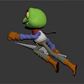 Green Cartoon Game or Movie Character With Big Yellow Eyes Grinning Holding Spear
