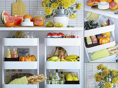 Fresh Watermelon Oranges Bananas Apples Pumpkins And Bread On White Shelves And Refrigerator Interior 3d model