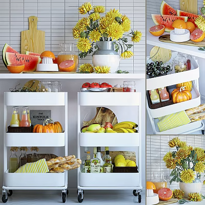 Fresh Watermelon Oranges Bananas Apples Pumpkins And Bread On White Shelves And Refrigerator Interior 3d model