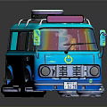 Colorful Blue Food Truck Interior Design With Cartoon Decorations And Open Door