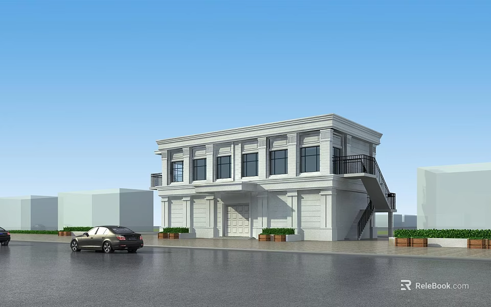 Modern Two Story Industrial Factory Building With White Exterior Windows Car In Front Staircase And Greenery 3d model 