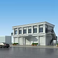 Modern Two Story Industrial Factory Building With White Exterior Windows Car In Front Staircase And Greenery