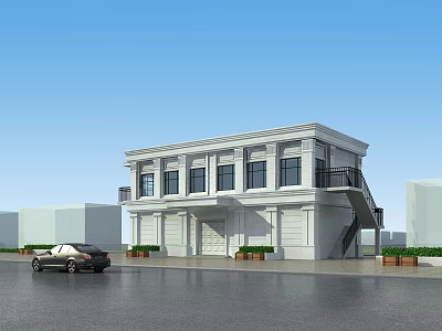 Modern Two Story Industrial Factory Building With White Exterior Windows Car In Front Staircase And Greenery 3d model