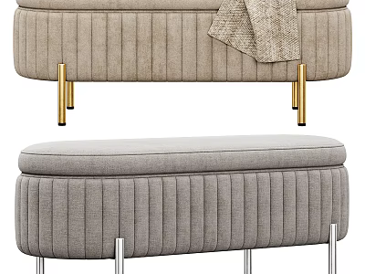 Stylish Striped Sofa Bench In Beige Gray With Gold Silver Metal Legs And Cozy Blanket 3d model
