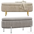 Stylish Striped Sofa Bench In Beige Gray With Gold Silver Metal Legs And Cozy Blanket