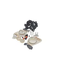 Elegant Dinnerware Set With Plates Bowls Cutlery Wine Glasses Fresh Grapes And Blue Hydrangea Bouquet
