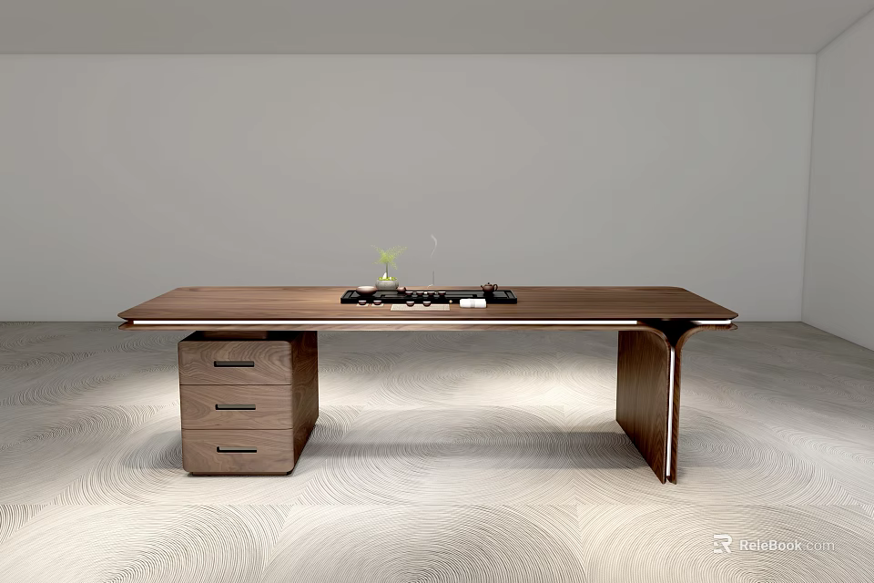 Modern Wooden Tea Table With Drawer Cabinet Tea Set And Green Plant 3d model 