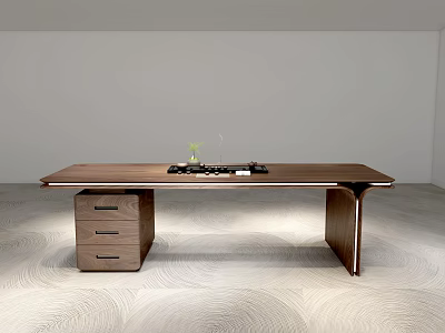 Modern Wooden Tea Table With Drawer Cabinet Tea Set And Green Plant 3d model