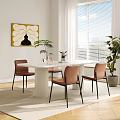 Modern White Dining Table Set with Brown Chairs Green Plants and Decorative Art