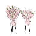 Pink Floral Bouquets With Hydrangea Roses Green Leaves Pink Wrapping Satin Ribbon On Black Stand