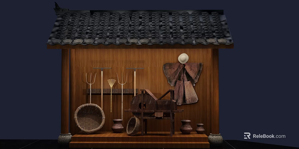 Traditional Window Display Featuring Bamboo Wall Tile Roof Farm Tools And Clay Pots 3d model 