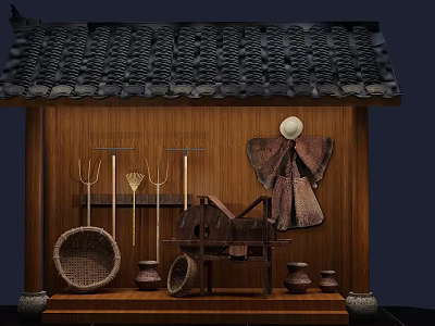 Traditional Window Display Featuring Bamboo Wall Tile Roof Farm Tools And Clay Pots 3d model