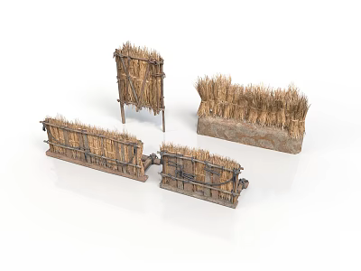 Rustic Straw Fence Structures With Wooden Frames And Dry Grass Tops 3d model