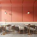 Modern Dining Table Set With Metal Frame Chairs And Pendant Lights On Coral Wall