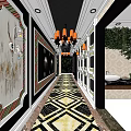 Elegant Elevator Hallway With Ornate Wall Decor Geometric Pattern Flooring And Chandeliers 3d model